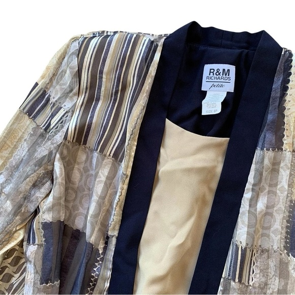 R&M Richards Patchwork Attached Kimono Jacket Top Black Beige Gray Size Petite 6 - Picture 3 of 6